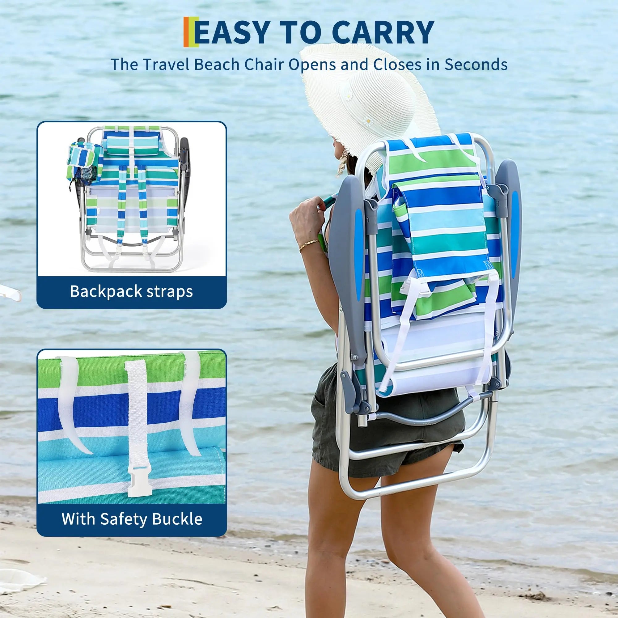 Paquete de 2 sillas de playa altas con mochila, silla de camping plegable plana, ligera, portátil, para exteriores, con bolsa nevera y portavasos