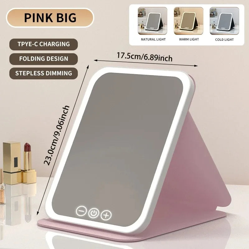 3 Colors Makeup Mirror LED Vanity Mirror with Touch Screen USB Rechargeable Dimming 3 Brightness Portable Fold Mirror Tabletop