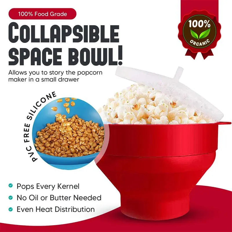 Palomitero de microondas de silicona sin BPA, recipiente plegable para palomitas de maíz, apto para microondas, con tapa, apto para lavavajillas