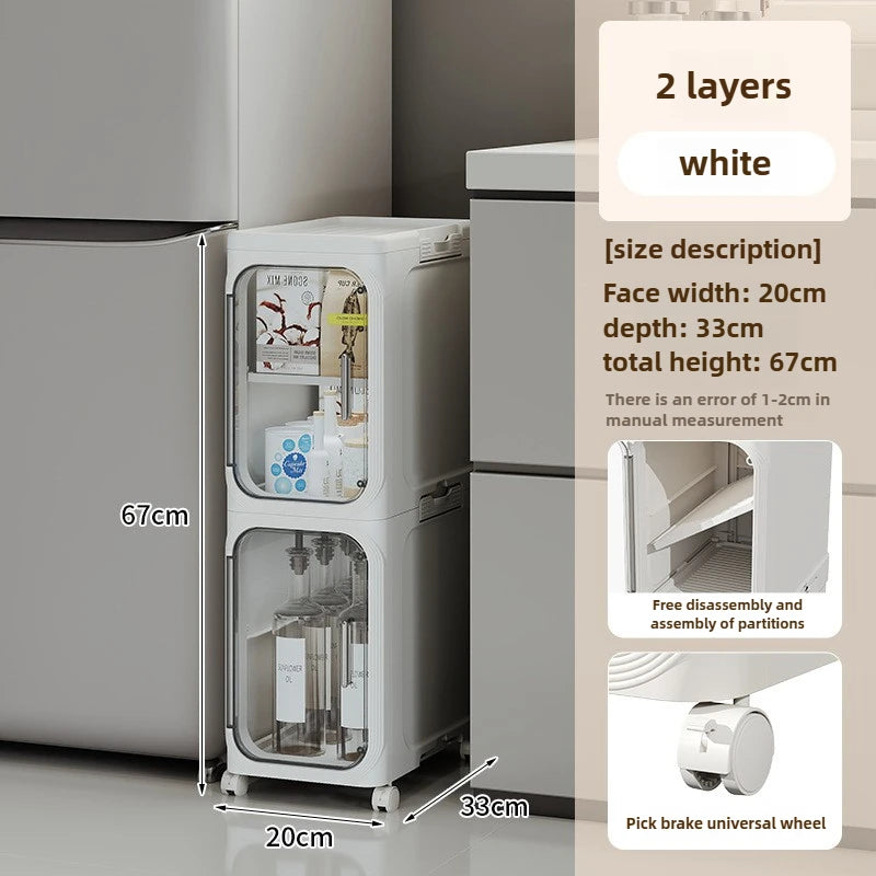 Household bathroom narrow seam storage cabinet, multifunctional foldable with wheels, dust-proof and crevice storage cabinet