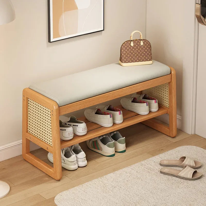 Taburete para cambiarse los zapatos de tela Teng, para puerta de entrada, puerta del hogar, almacenamiento multicapa, madera maciza, se puede sentar en el taburete para zapatos