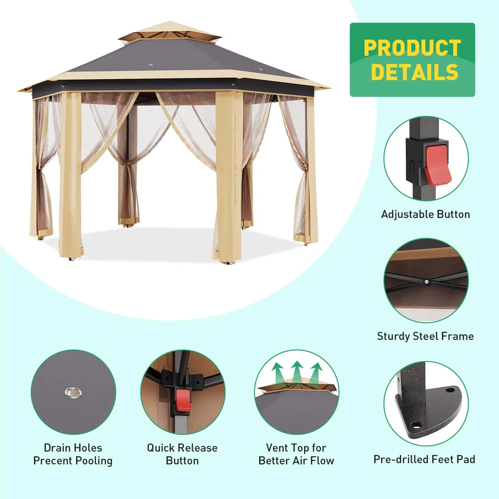 Cenador desplegable de 13x13 pies, tienda de campaña exterior con mosquitera, techo doble, toldo resistente para patio, jardín.