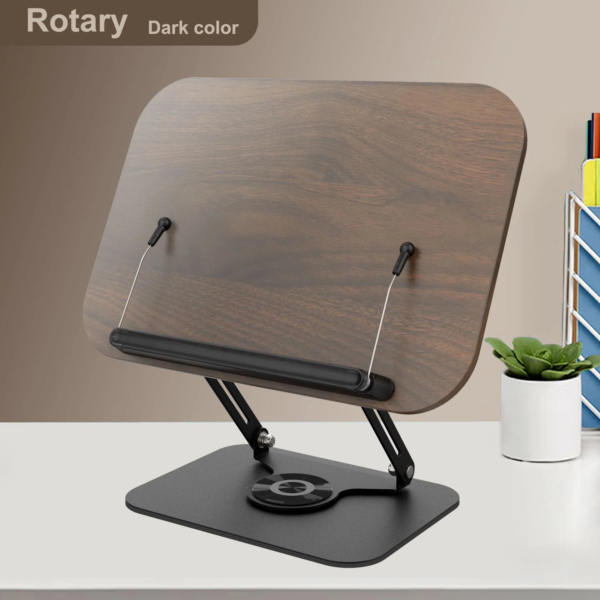 Nuevo soporte para libros de lectura, atril ajustable con base giratoria 360°, clips elásticos para páginas, soporte elevador de escritorio plegable