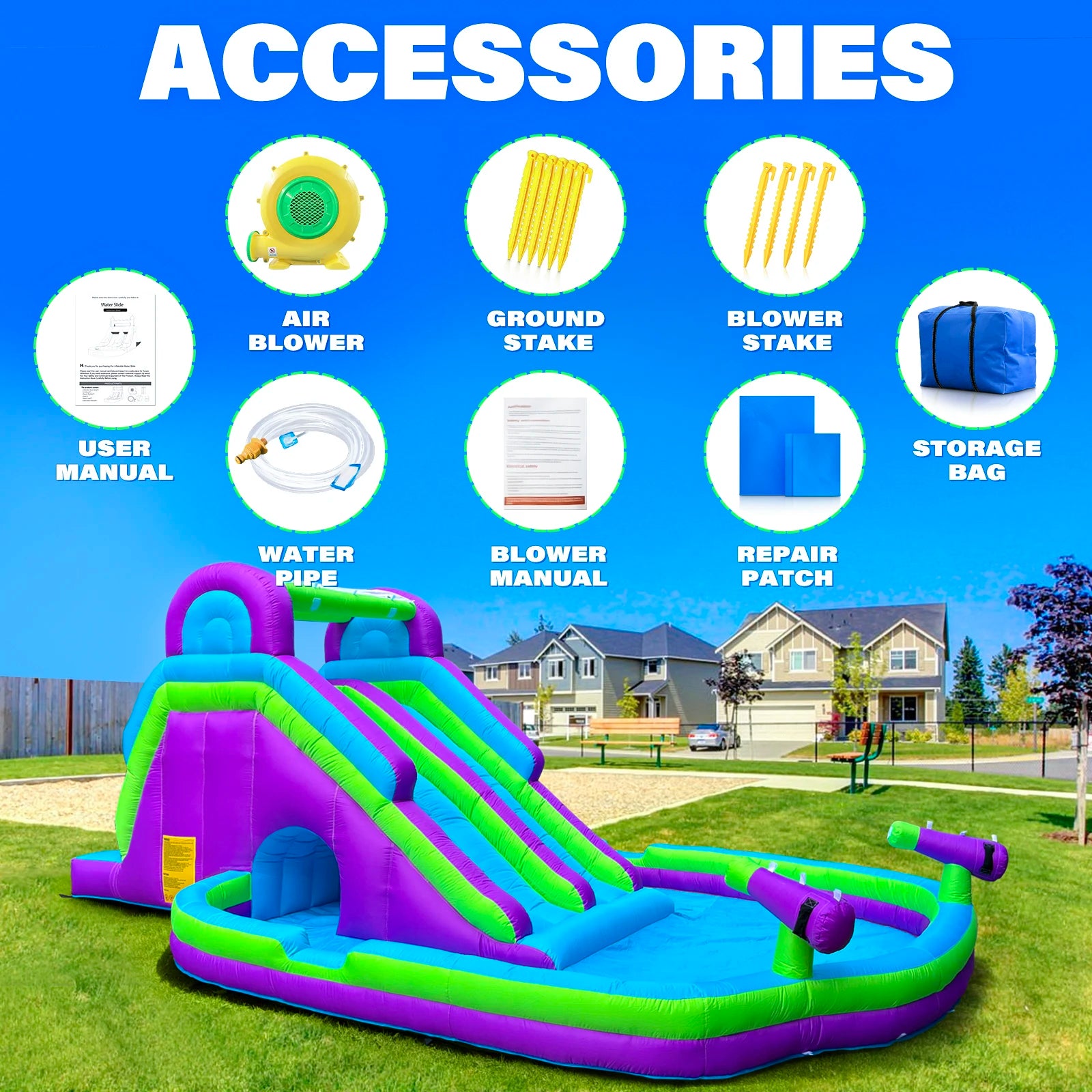 Tobogán acuático hinchable doble  Tobogán acuático hinchable de gran calidad con piscina para adultos y niños Incluye soplador Juego acuático para exteriores