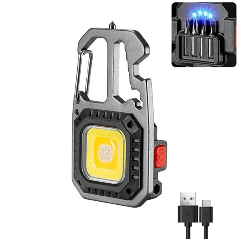 Linterna de trabajo portátil Mini LED tipo llavero Linterna de bolsillo recargable por USB Lámpara de camping al aire libre con martillo rompeventanas abridor de botellas