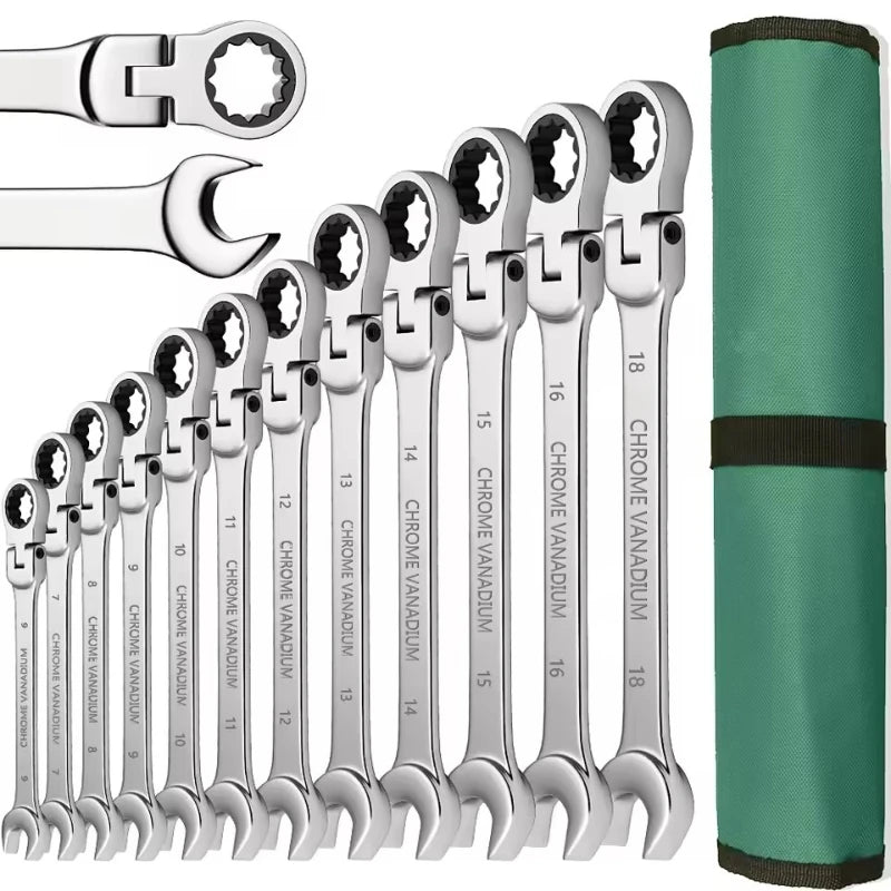 Juego de llaves combinadas de trinquete de 6-32 mm, kit de llaves combinadas de trinquete de anillo de engranaje métrico de cabeza flexible con juego de herramientas de bolsa de lona