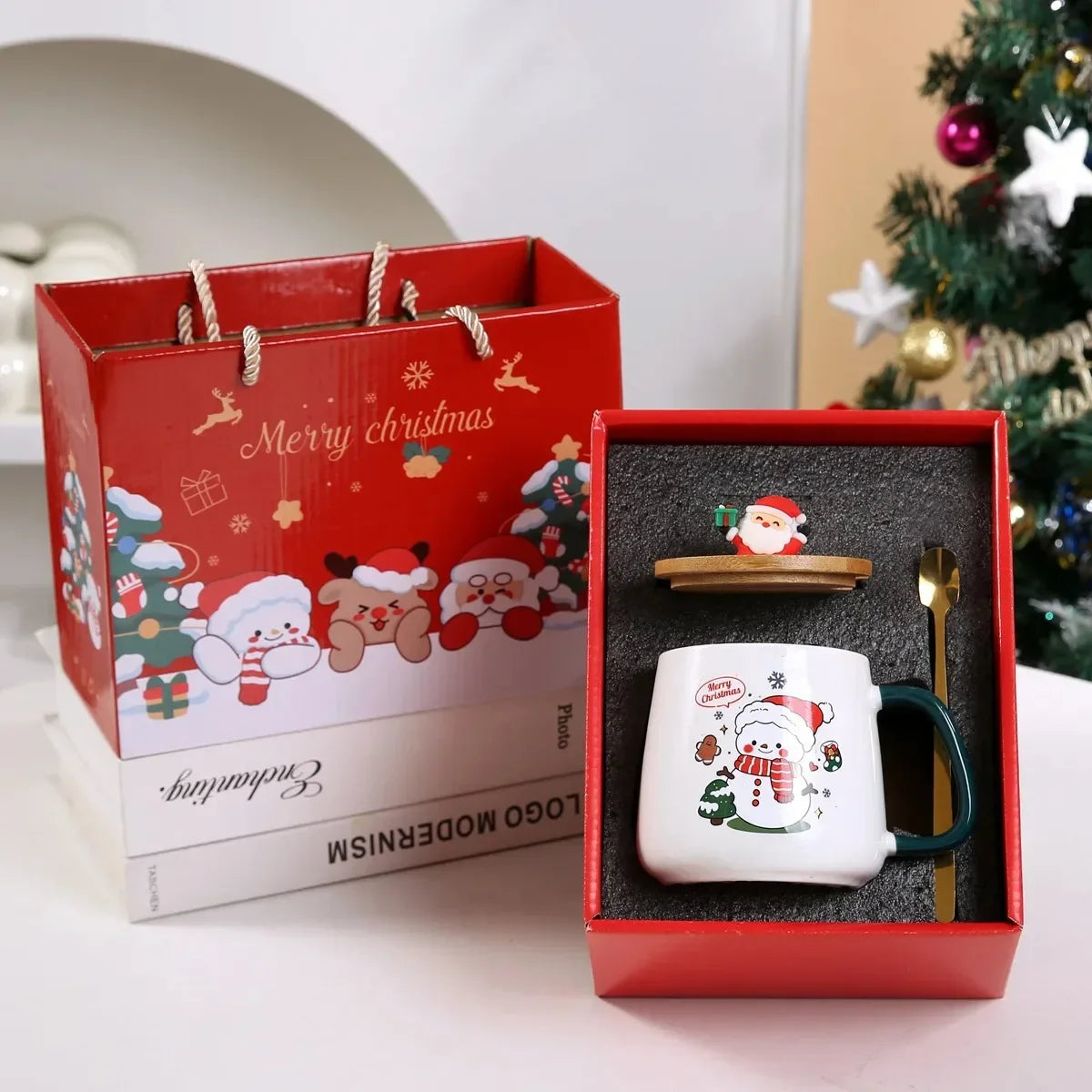 Juego de regalo de Navidad y Año Nuevo: taza con termostato de 55 ℃, taza de cerámica de muñeco de nieve con tapa y cuchara, tazas de café para el hogar o la oficina