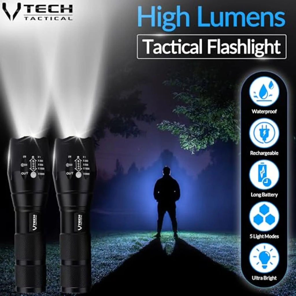 Linternas Tácticas LED Paquete de 2, Alto Lúmen, 5 Modos, Linterna Impermeable para Caza, Camping, Regalos al Aire Libre