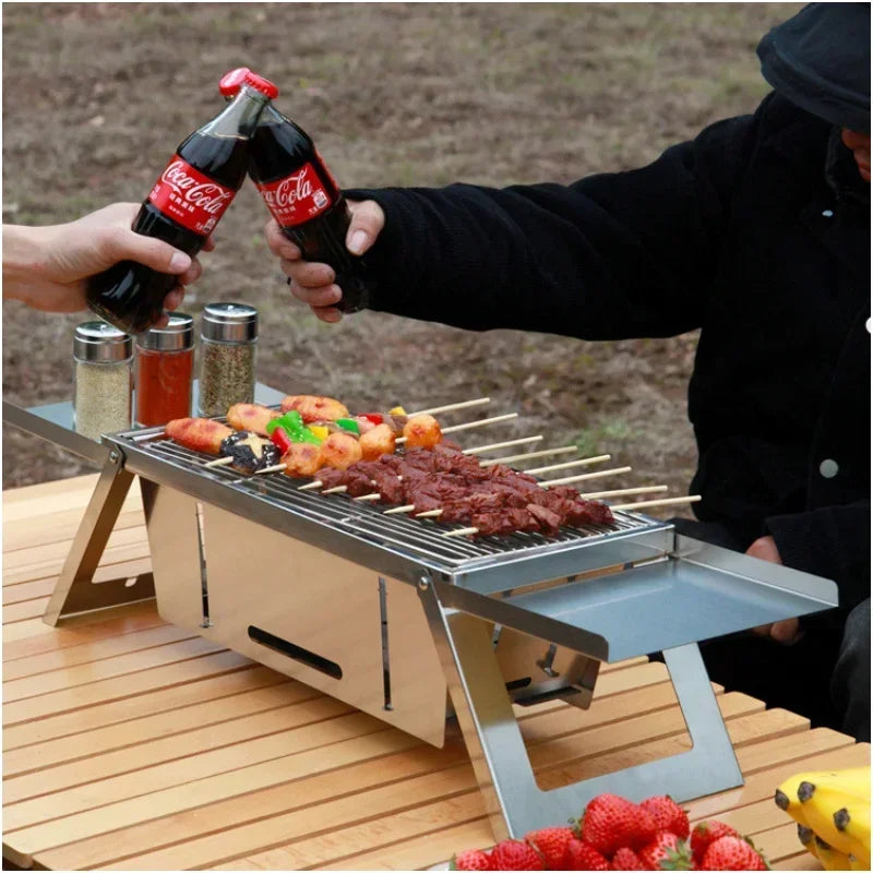 Barbacoa de carbón plegable de acero inoxidable para exteriores, pequeña barbacoa plegable de carbón para el hogar, brocheta, barbacoa