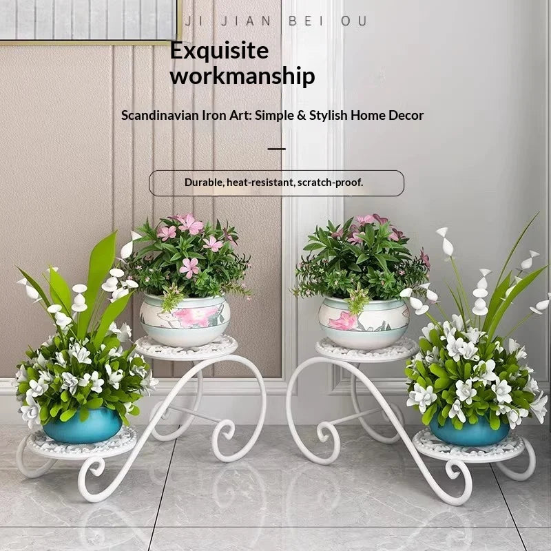 Estante para plantas de hierro de dos niveles, soporte de suelo para balcón, estantería minimalista para macetas de interior, estante para plantas colgantes