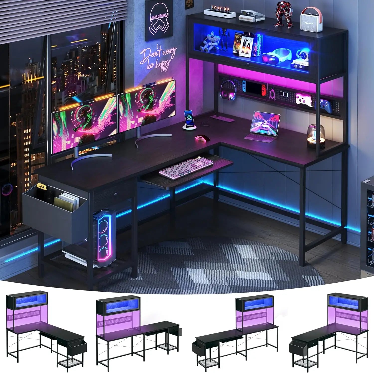 Escritorio para juegos en forma de L con tomas de corriente y luces LED, escritorio de computadora reversible de 49 pulgadas con estante superior, tablero perforado y vitrina