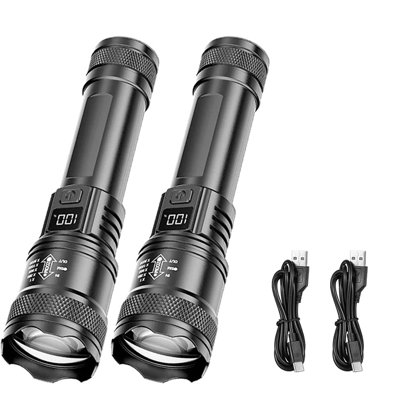 Linterna LED Recargable con Zoom y Pantalla LCD 3 Modos Impermeable Linterna de Mano de Alta Potencia para Camping al Aire Libre
