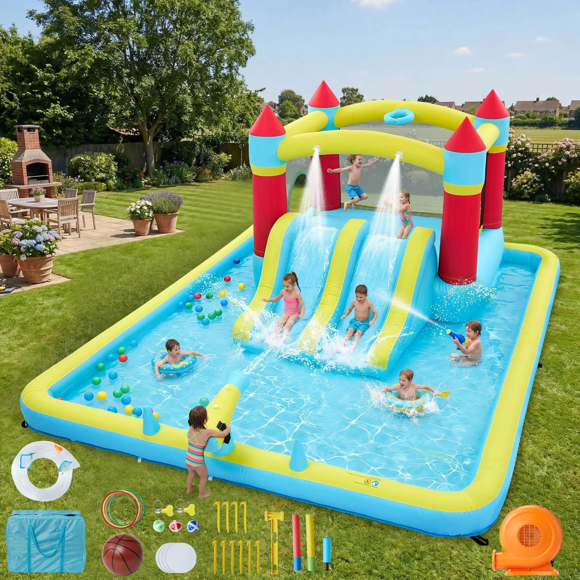 Castillo Hinchable de 15x11 pies con Soplador de 450W, Tobogán de Agua Húmedo y Seco 7 en 1 para Niños, Castillo Saltador para Interiores y Exteriores, Jardín