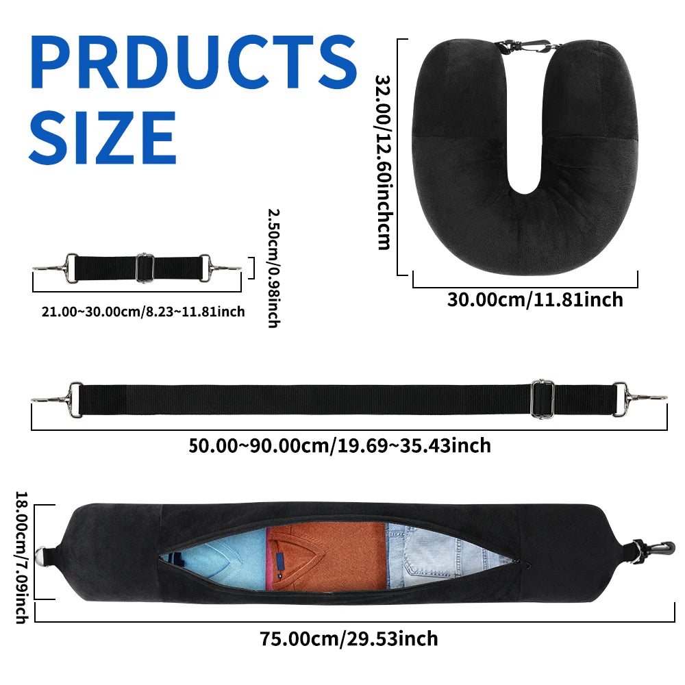 Almohada de viaje para cuello con funda en forma de U rellenable con ropa, bolsa de almacenamiento adicional, funda de almohada de terciopelo para viajes en avión