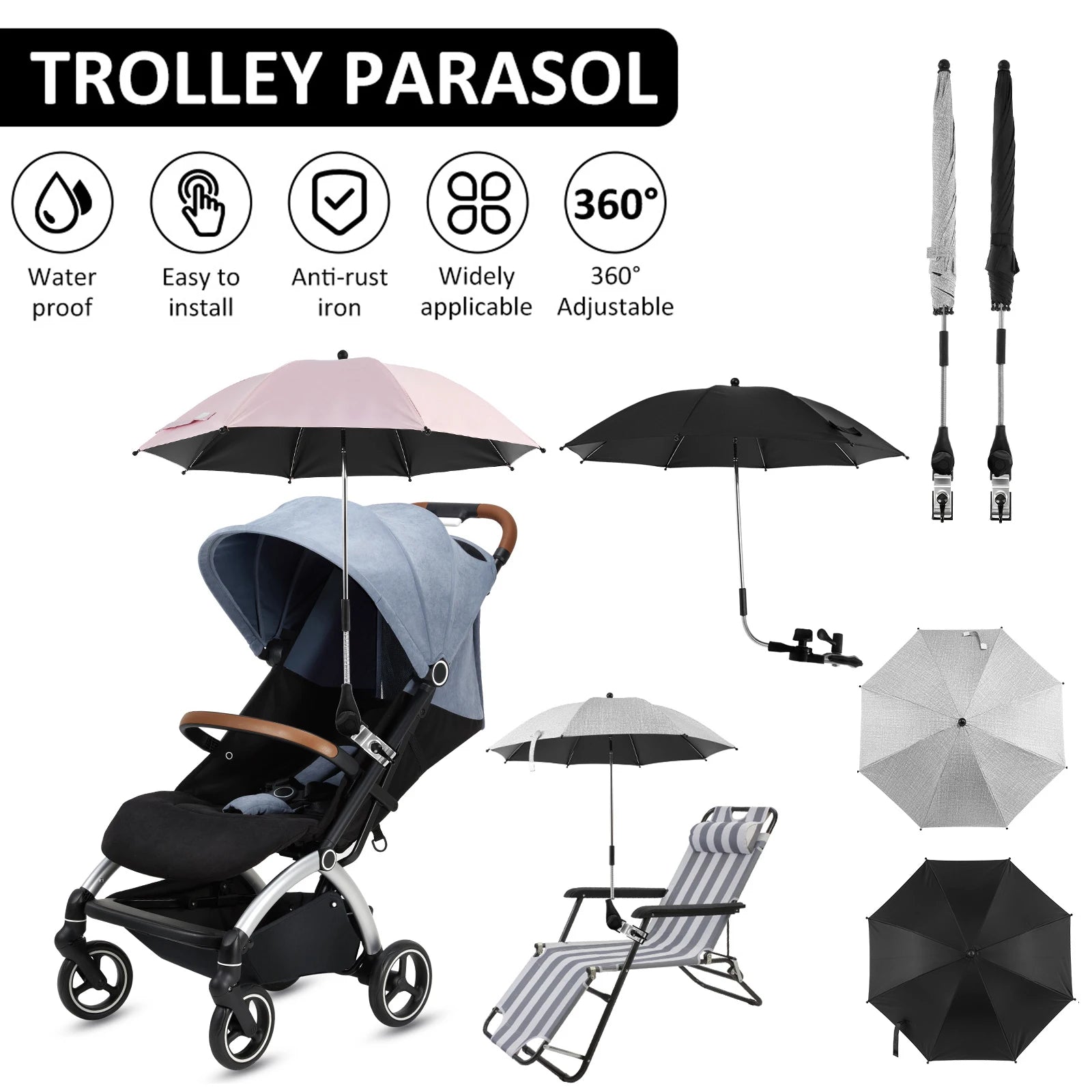 Sombrilla Universal Para Cochecito de Bebé, Protección UV, Sol y Lluvia, Parasol Ajustable 360°, Sombrilla Para Silla de Patio o Playa, Impermeable