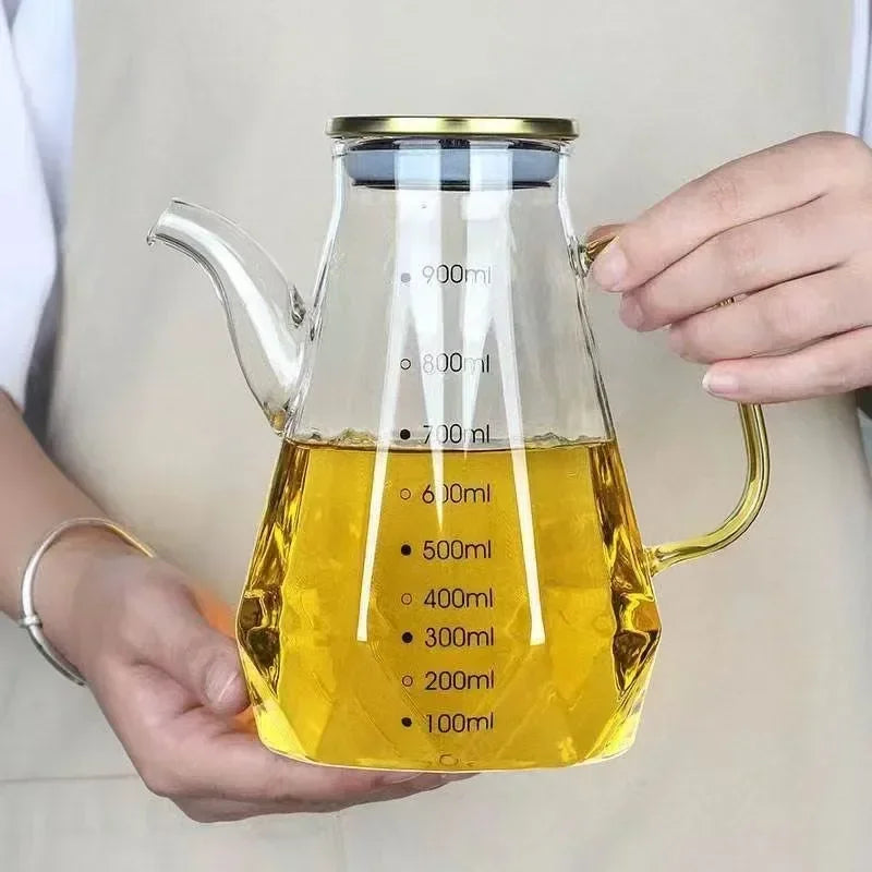 JUSTINLAU Ollas de aceite de vidrio de borosilicato alto Botella de aceite de diamante con escala Recipiente de almacenamiento de condimentos de vinagre de salsa de soja para cocina