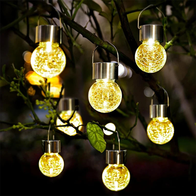 Solar Hanging Lights, Christmas Decoration Lights with Multi-Color Changing Cracked Glass Hanging Ball Outdoor Lights Waterproof