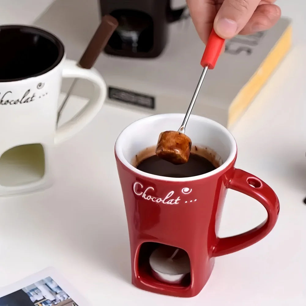 Juego de cuencos de cerámica reutilizables resistentes al calor para fondue de chocolate, para helado, queso, regalo de San Valentín, con tenedor, vela no incluida