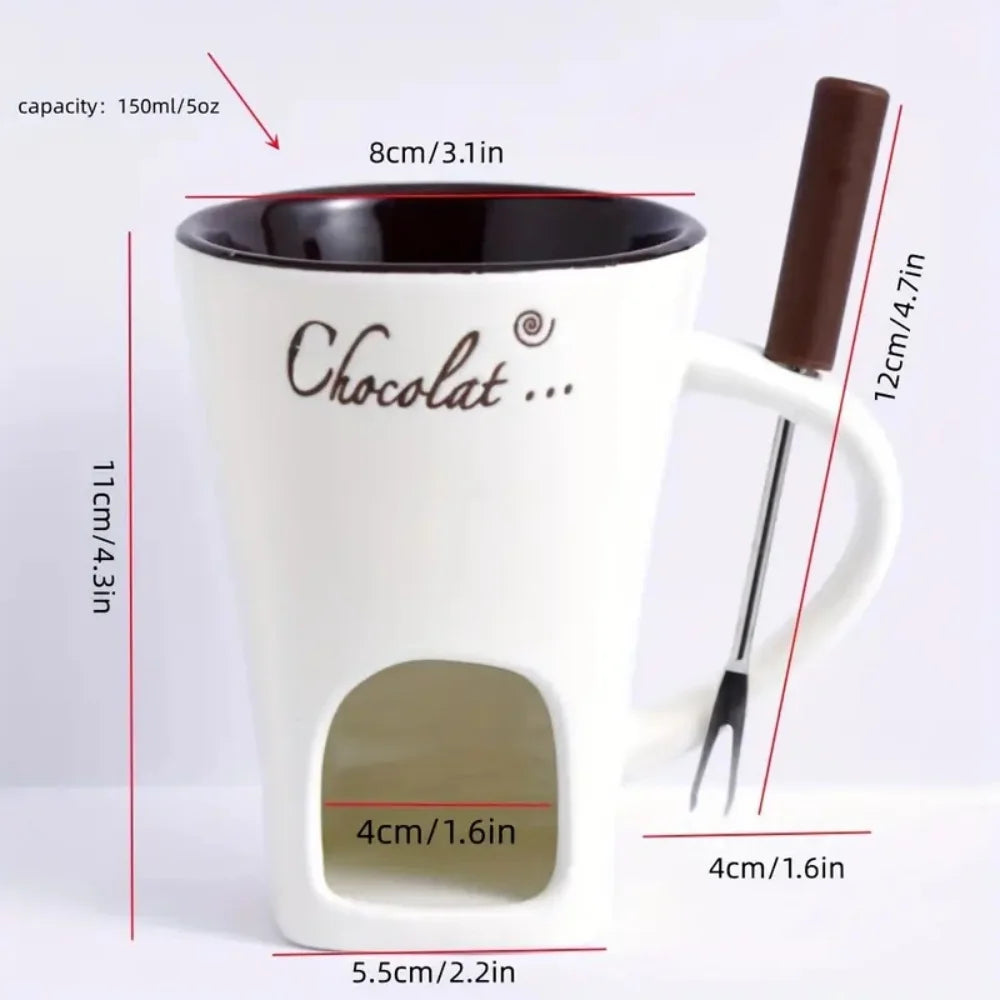 Juego de cuencos de cerámica reutilizables resistentes al calor para fondue de chocolate, para helado, queso, regalo de San Valentín, con tenedor, vela no incluida