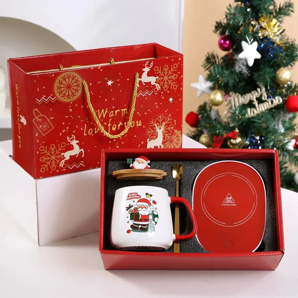 Juego de regalo de Navidad y Año Nuevo: taza con termostato de 55 ℃, taza de cerámica de muñeco de nieve con tapa y cuchara, tazas de café para el hogar o la oficina