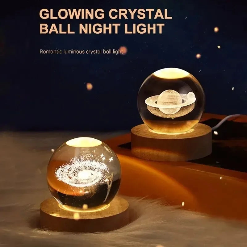 Lámpara de noche de 6cm Tema Solar Serie Cosmos Bola de Cristal Luces Nocturnas Vía Láctea Luna Pequeños Adornos para Escritorio Regalo Creativo RGB