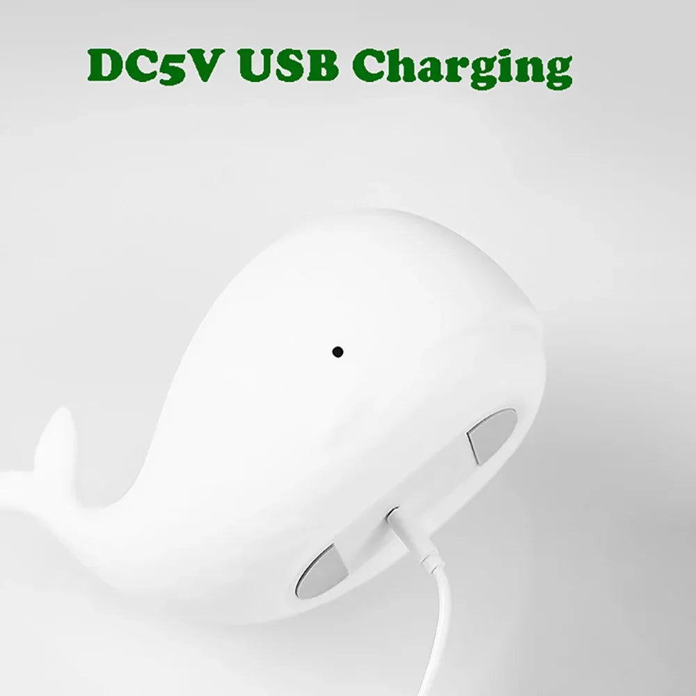 Luz de noche de ballena de dibujos animados de silicona suave para decoración de habitación infantil, lámpara de dormir recargable USB para niños, Dropshipping