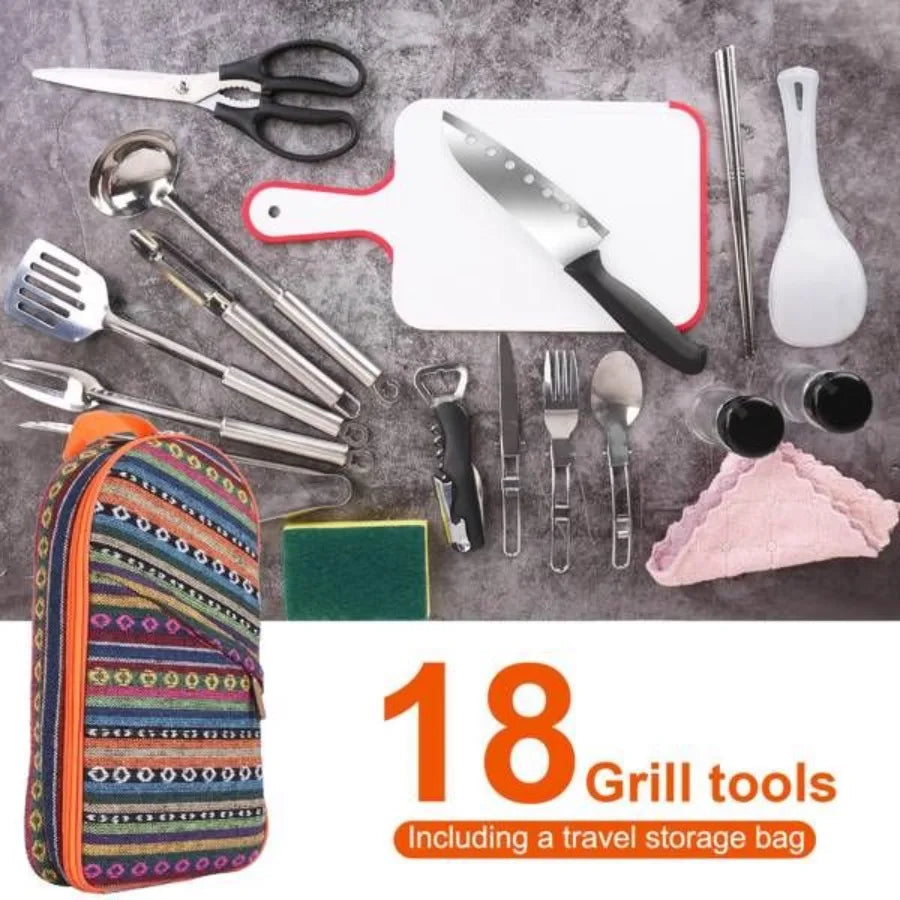 Juego de utensilios de cocina para acampar de 19 piezas, kit portátil de utensilios de cocina para pícnic, equipo de cocina para exteriores, aparatos para barbacoa, fogata, con estufa