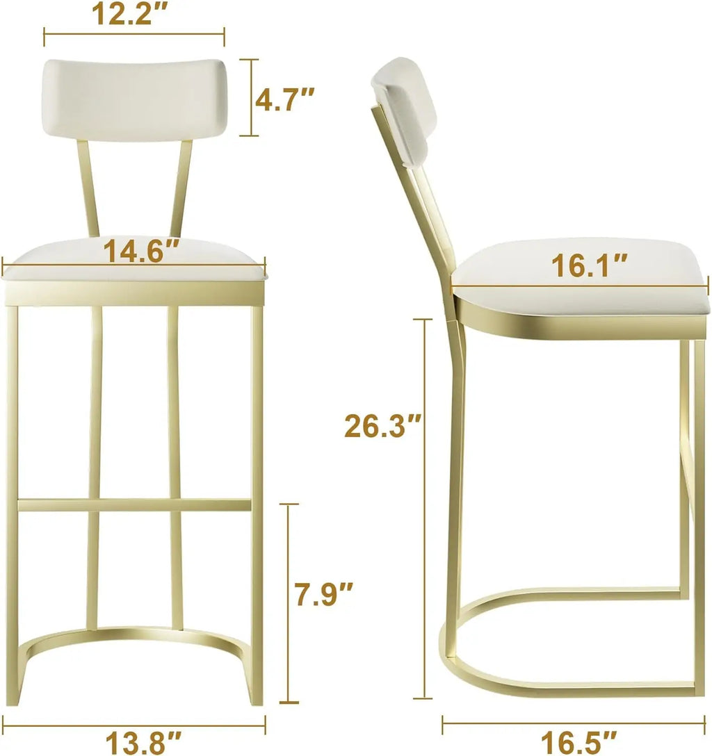 Juego de 2 taburetes de bar de altura de mostrador con respaldo, estructura de metal y asiento tapizado, taburetes altos para isla de cocina, comedor de casa