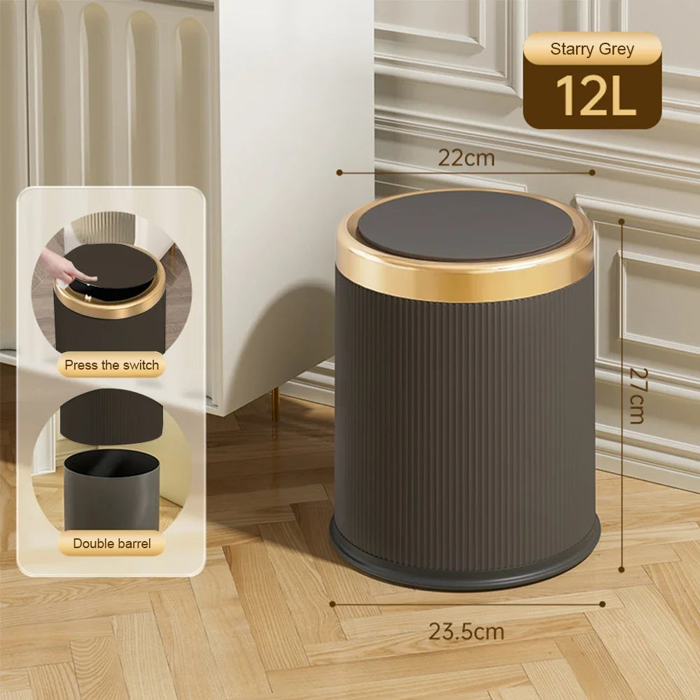 Cubo de Basura con Tapa, Tipo Prensa, Estilo Lujo Ligero, para Oficina, Sala de Estar, Baño, Papelera Redonda con Cubo Interior Extraíble