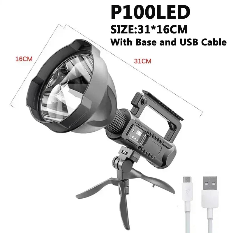Potente linterna LED portátil con soporte, foco de mano recargable por USB, linterna antorcha impermeable