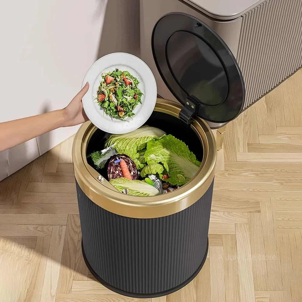 Cubo de Basura con Tapa, Tipo Prensa, Estilo Lujo Ligero, para Oficina, Sala de Estar, Baño, Papelera Redonda con Cubo Interior Extraíble