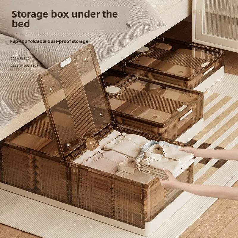 Caja de almacenamiento plegable debajo de la cama. Caja de almacenamiento transparente de plástico extragrande con ruedas a prueba de polvo. Caja organizadora de ropa y edredones.