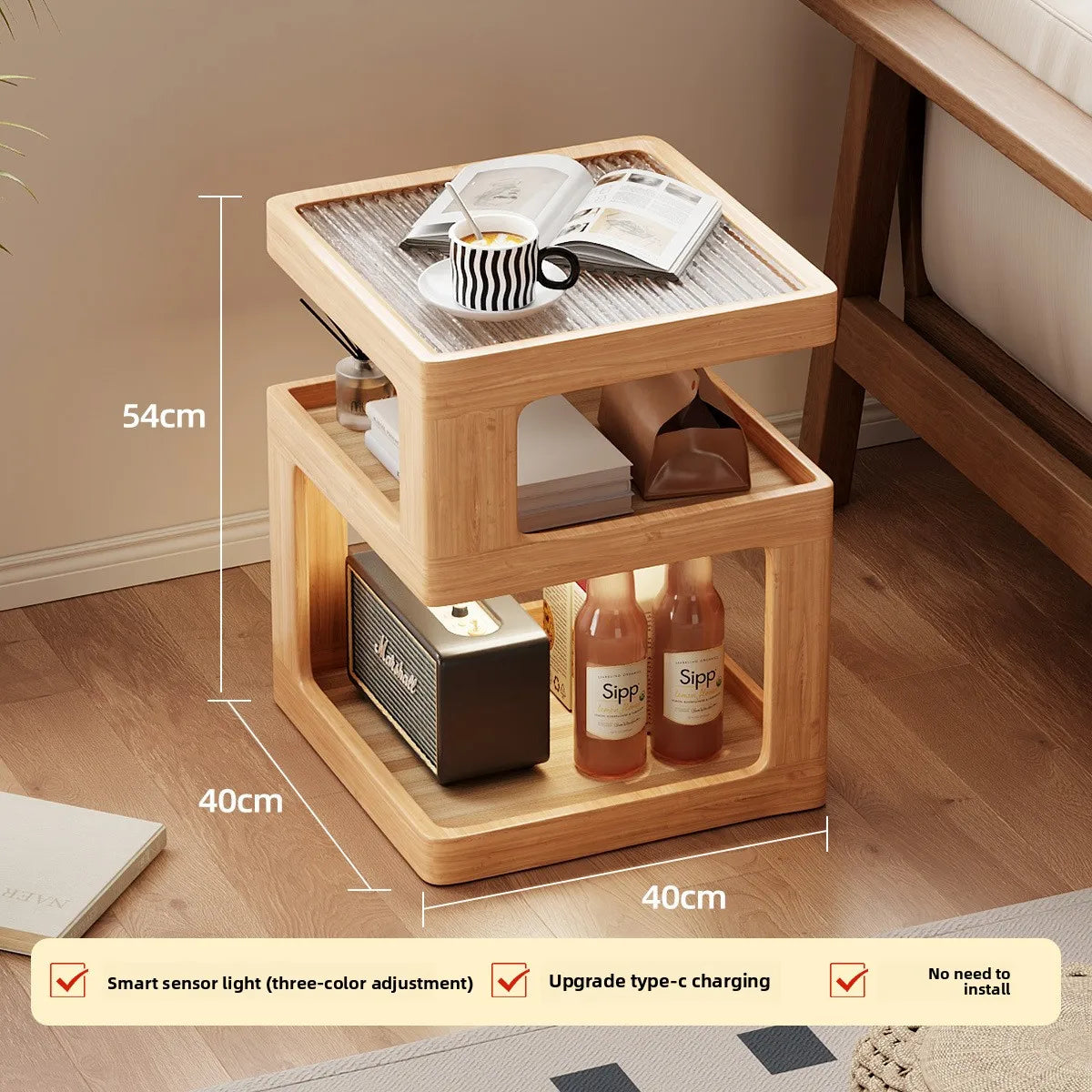 Mesita de noche de madera maciza, almacenamiento de mesita de noche para dormitorio, borde de sofá para el hogar
