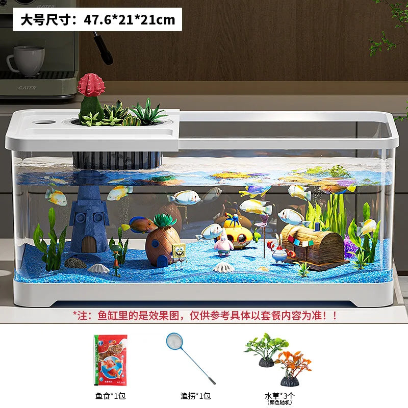 Acuario doméstico pecera de sala de estar de escritorio, tanque de circulación ecológica integrado con oxigenación y filtro, con tapa.