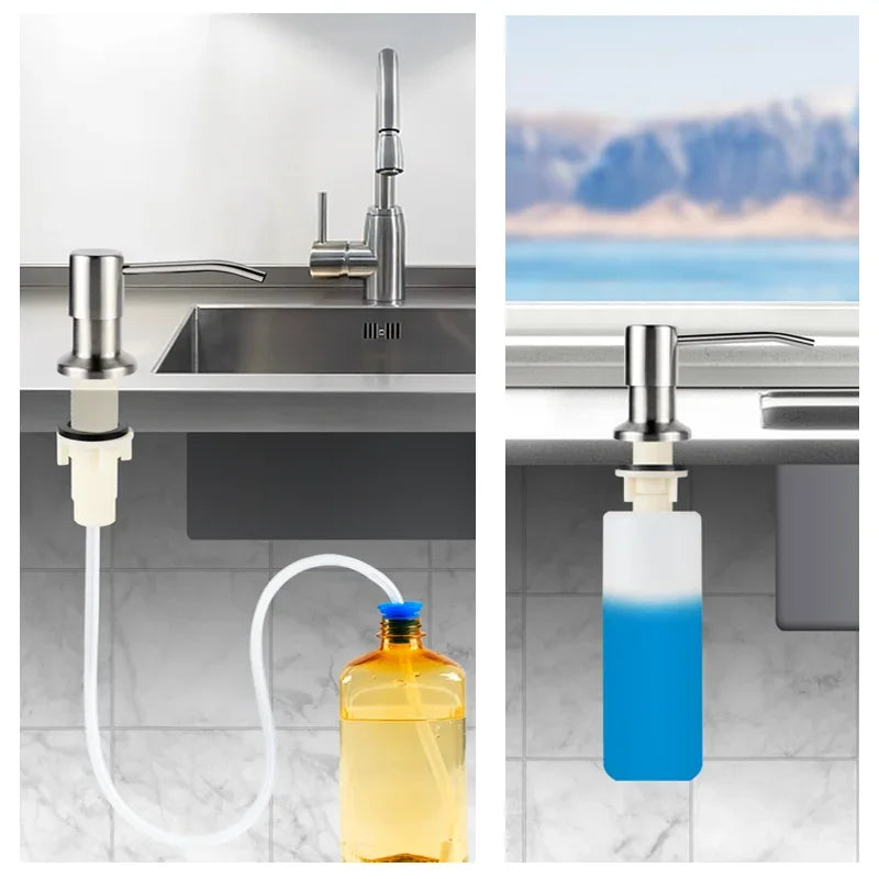 Dispensador de jabón de cabeza de prensa de acero inoxidable para fregadero de cocina Kit de tubo de extensión del dispensador de jabón Bomba dispensadora de jabón bajo el fregadero