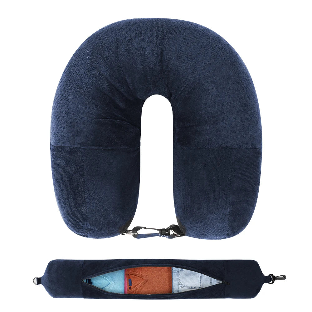 Almohada de viaje para cuello con funda en forma de U rellenable con ropa, bolsa de almacenamiento adicional, funda de almohada de terciopelo para viajes en avión