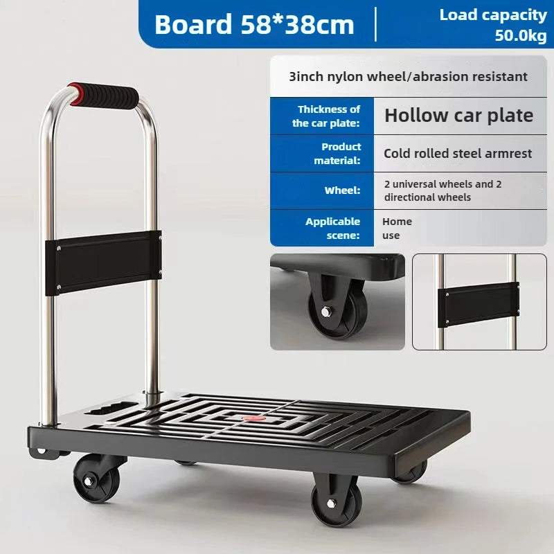 carro de plataforma de cuatro ruedas para arrastrar mercancías, carro de plataforma de cuatro ruedas para empujar mercancías, carro plegable, remolque exprés