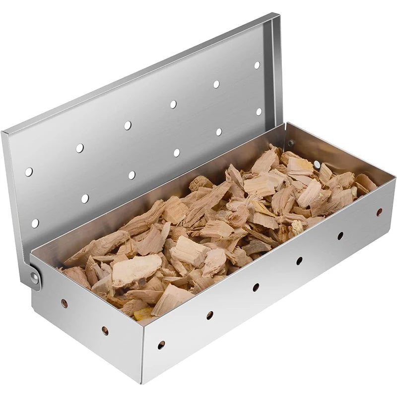 Caja ahumadora para barbacoa, de acero inoxidable, caja ahumadora de astillas de madera con tapa con bisagras, caja de humo resistente para barbacoa de carbón YY224