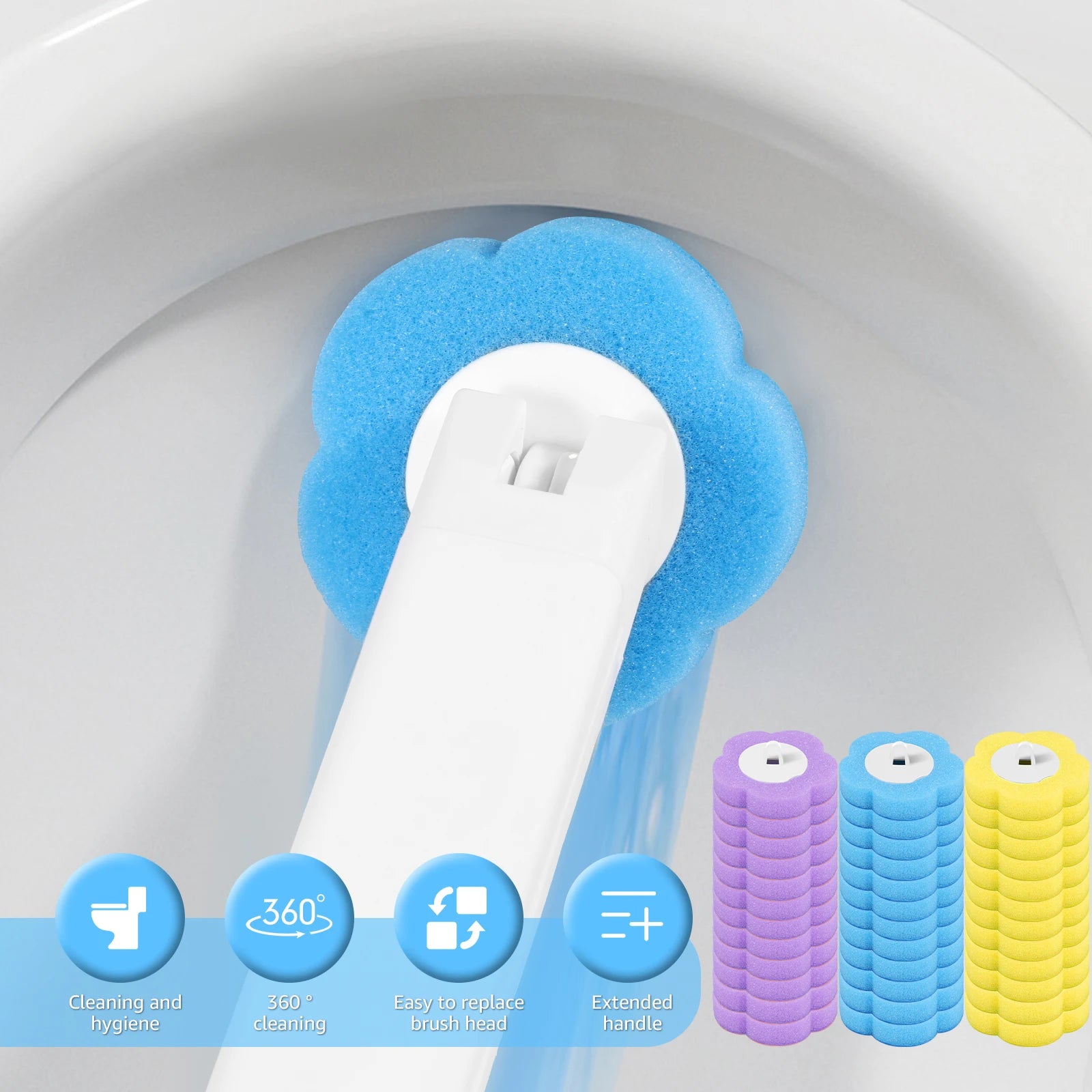 18-36 cepillos de inodoro desechables con mango extendido, soporte para cepillo de inodoro, kit de limpieza, cabezal de repuesto, limpieza profunda de 360°