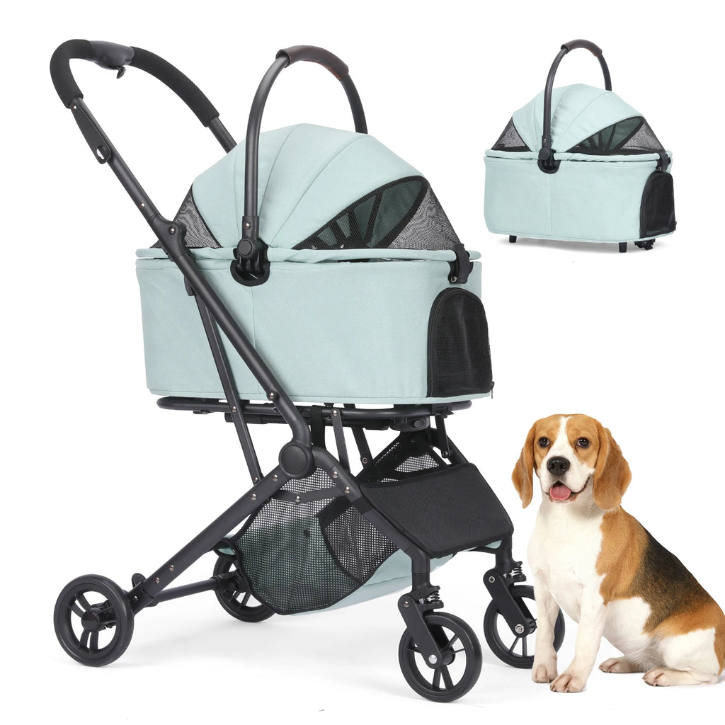 Cochecito de perro 3 en 1, con marco mejorado, cochecito para mascotas de hasta 20 kg con bolsas y dispensador de excrementos para perros, entrada sin cremallera, cesta de almacenamiento y