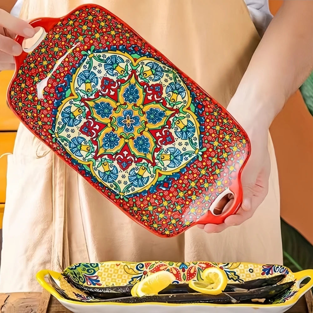 1 plato de pescado de cerámica estilo bohemio con asa: bandeja rectangular de 32,5 cm para mesa de comedor, apta para microondas y horno