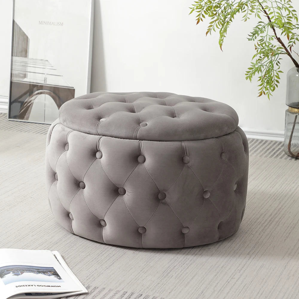 Puf otomano ovalado de terciopelo con capitoné moderno - Taburete reposapiés multifuncional con espacio de almacenamiento oculto para sala de estar o dormitorio