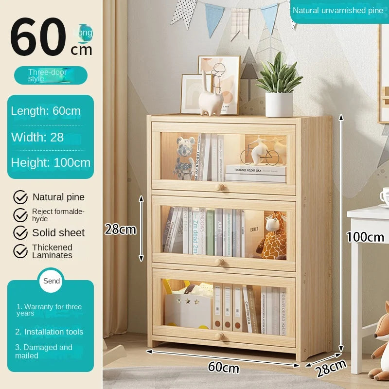 Solid wood bookcase with door transparent dustproof cabinet multi-layer floor-standing bookshelf home simple storage rack