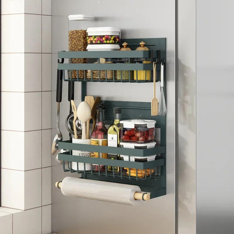 Estante magnético para nevera, tubo de papel de cocina, soporte para film transparente, estante para especias, estante de almacenamiento en el lateral del refrigerador