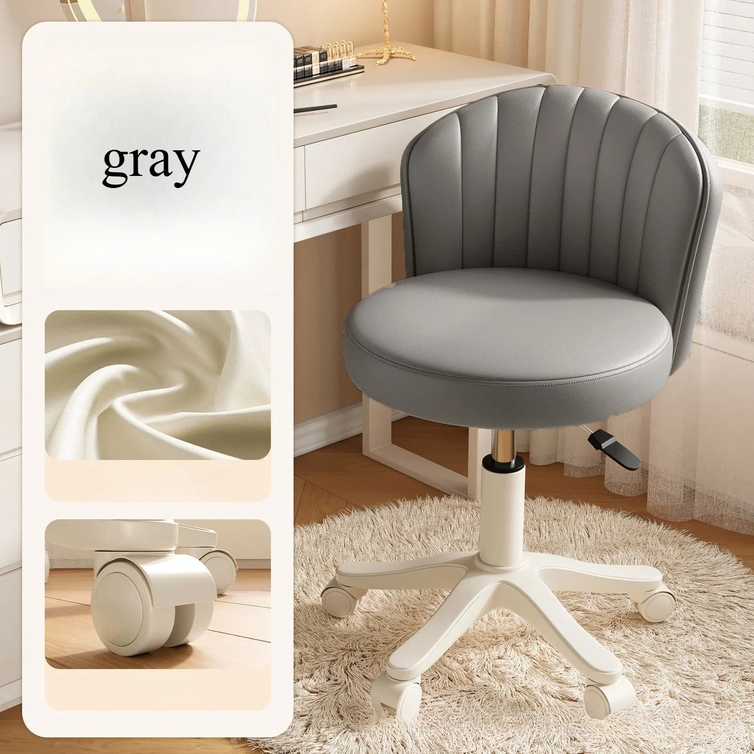 Silla giratoria 360° Taburete de maquillaje con altura ajustable Silla de tocador para dormitorio con ruedas Silla con respaldo Silla de tocador de cuero