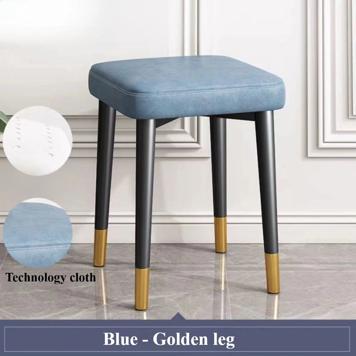 Taburete moderno acolchado para comedor, sala de estar, dormitorio y oficina | con cubierta dorada para las patas, patas con diseño entrecruzado