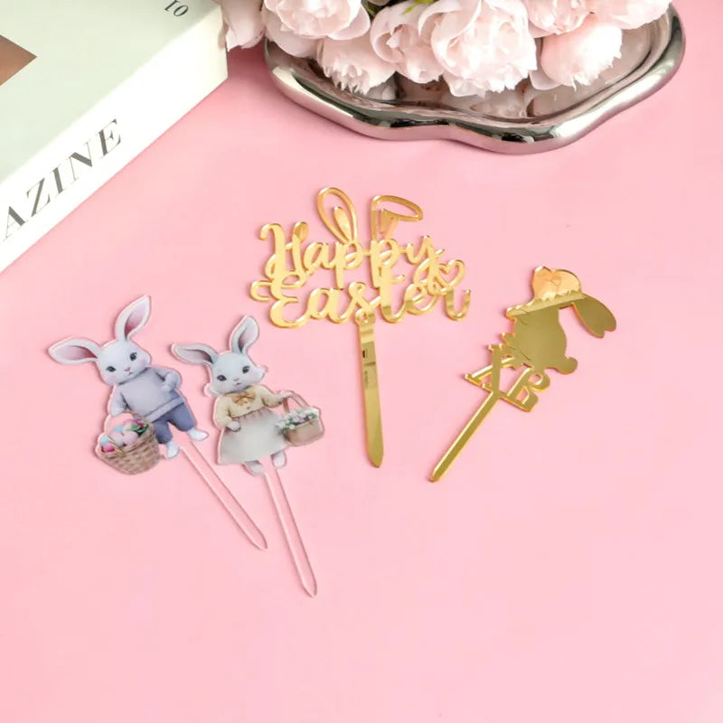 Colored Rabbit Easter Happy Cake Topper Dessert Decorations Gold Acrylic Kids Party Festival Cake Toppers Easter Baking Supplies