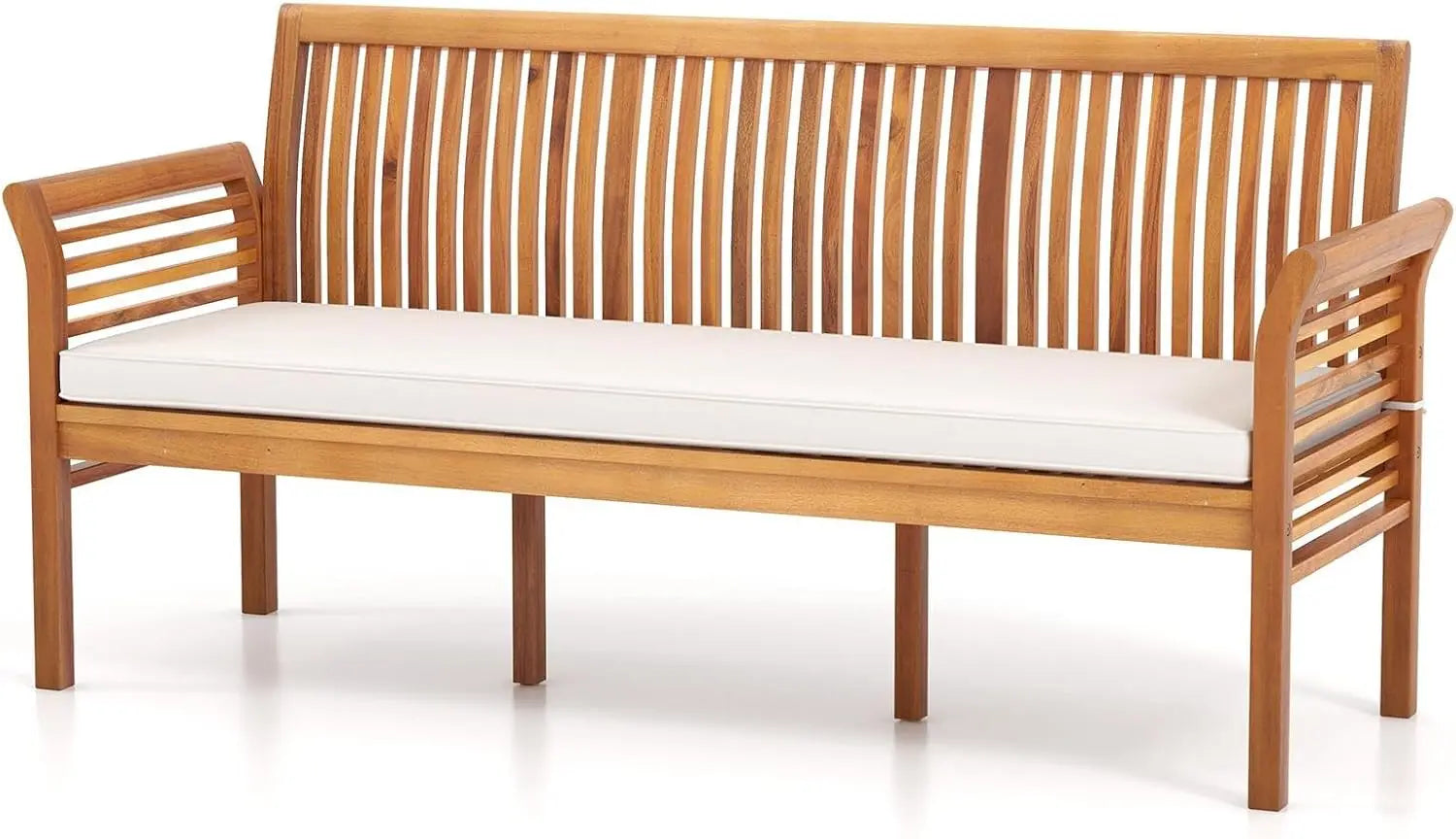 Banco de madera para exteriores con cojín blanco, banco de jardín con reposabrazos curvo y respaldo de listones para patio, parque y porche