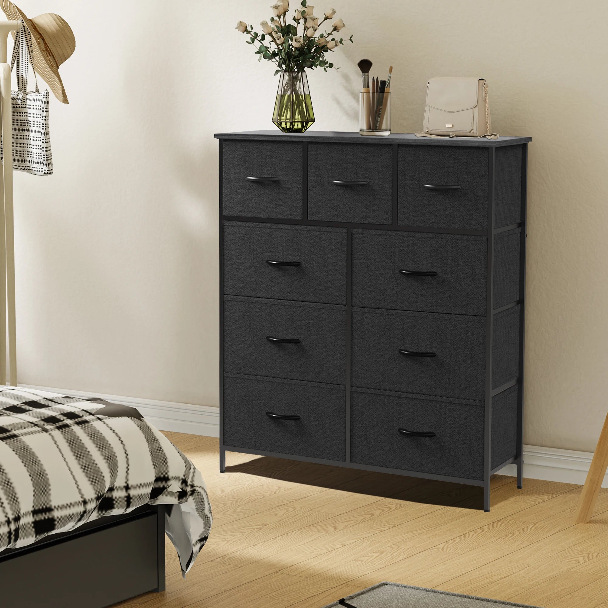 JHK Cómoda para dormitorio con 9 cajones de tela, armario alto, organizador de almacenamiento, armario para ropa de adultos y niños, muebles