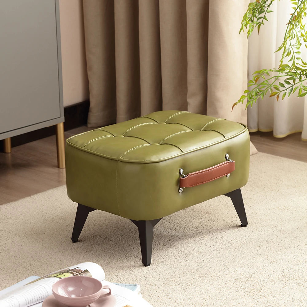Otomana/Puf pequeño con patas metálicas estables, otomana tapizada, reposapiés acolchado, taburete pequeño rectangular de cuero sintético.